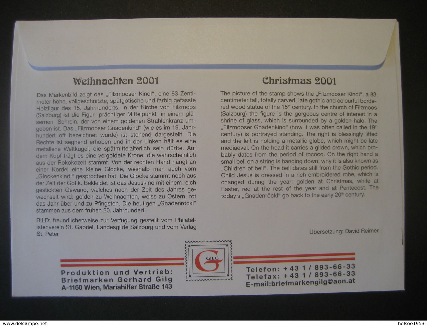 Österreich- Advent Filzmoos 30.11.2001 FDC Weihnacten 2001 Filzmooser Kindl - Storia Postale