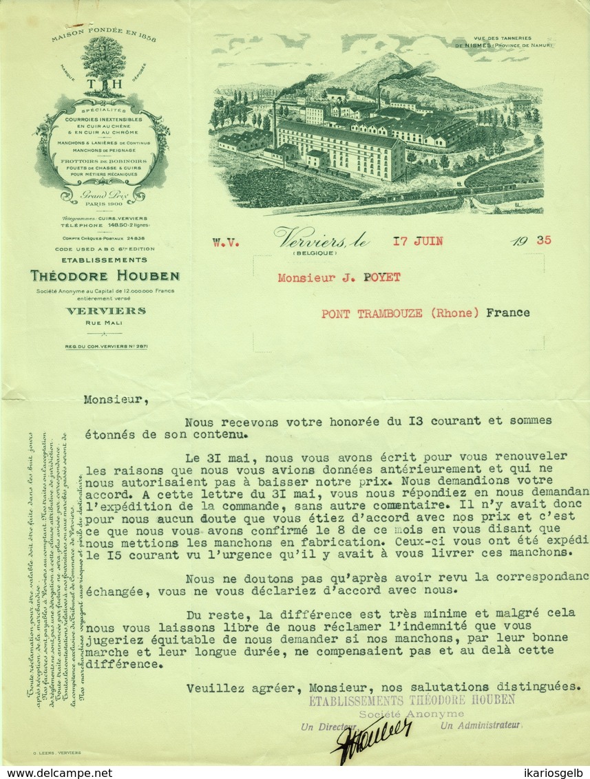 VERVIERS + Nismes Namur 1935 Deko " Theodore Houben - Tannerie Curroies Mancons Frottoirs Lanieres Fouets " - Autres & Non Classés