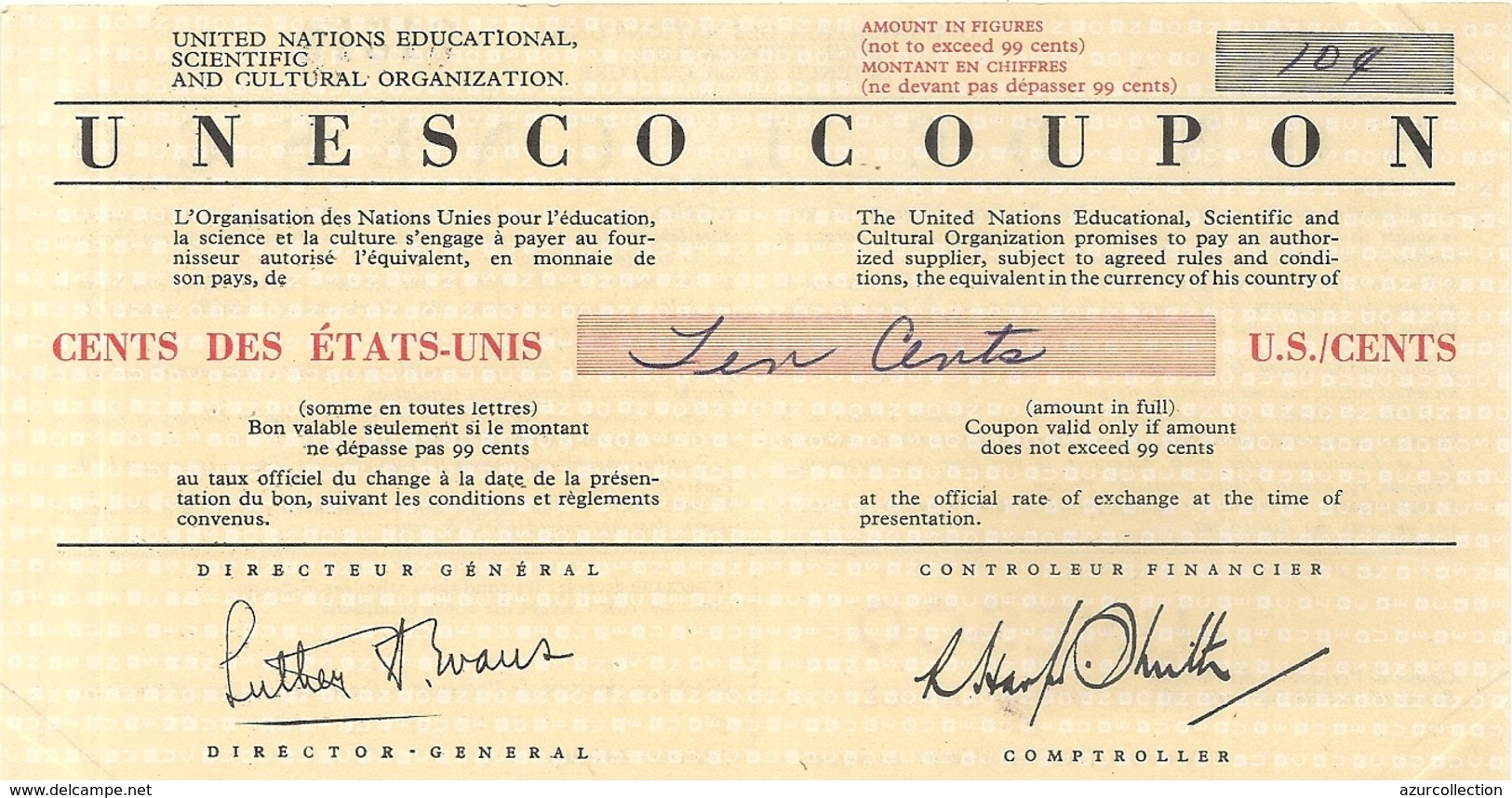 UNESCO COUPON . 10 DOLLARDS . 1956 - Non Classés