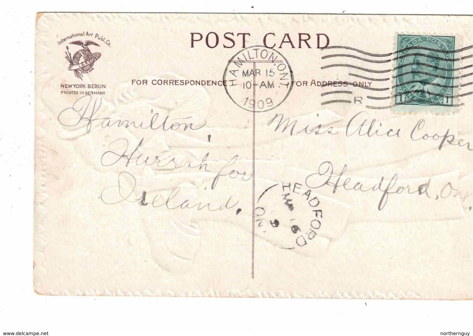 "Top Of Mornin,", St. Patrick's Day, 1909 Postcard By S/A Clapsaddle, S/R Cancel From Headford, Ontario, Canada - Clapsaddle