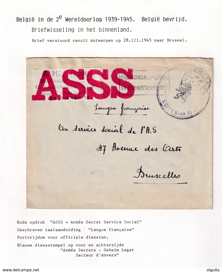 DDW800 - APRES-GUERRE 40/45 - Lettre En Franchise Cachet ARMEE SECRETE - Secteur D' Anvers - 28 III 1945 Vers BXL - Guerre 40-45 (Lettres & Documents)