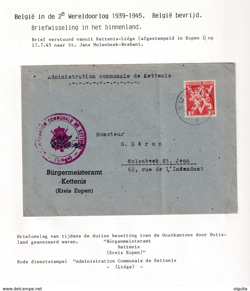 DDW801 - APRES-GUERRE 40/45 - CANTONS DE L' EST - Entete Allemande Burgemeisteramt KETTENIS S/ Lettre TP EUPEN 1945 - Guerre 40-45 (Lettres & Documents)