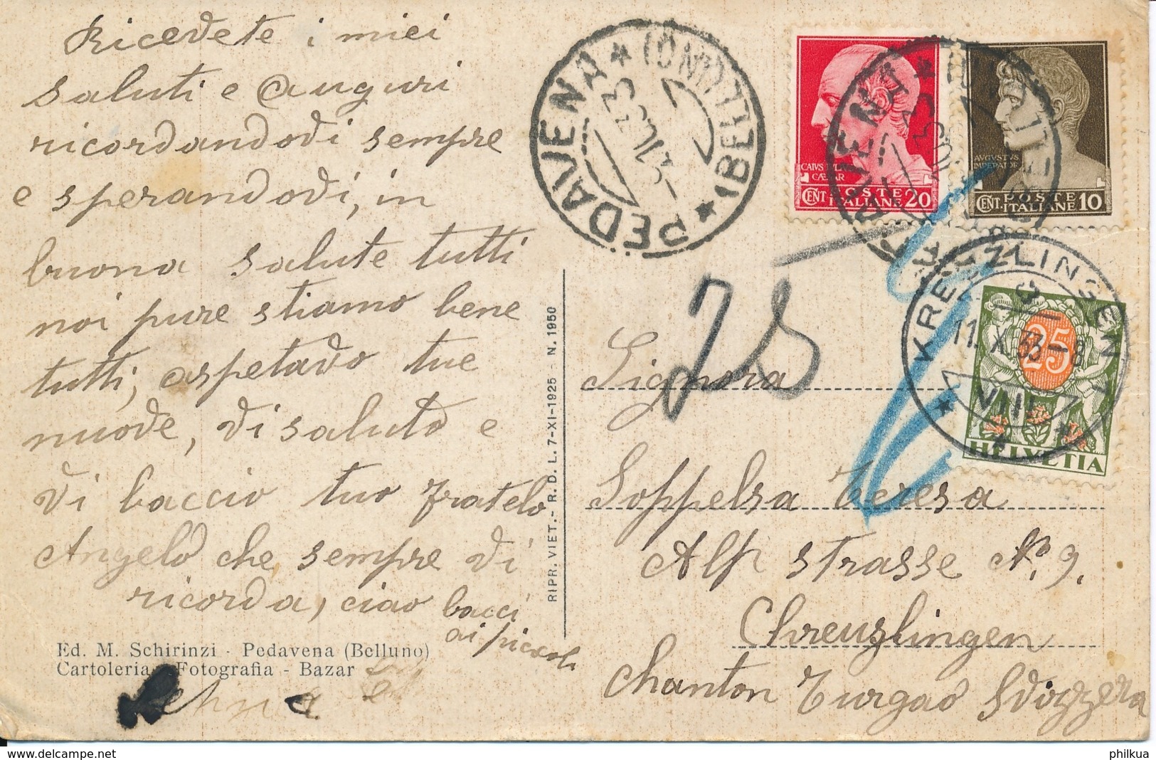 46 Portomarke Auf Ansichtskarte Aus Pedavena Italien Nach KREUZLINGEN Thurgau - Postage Due