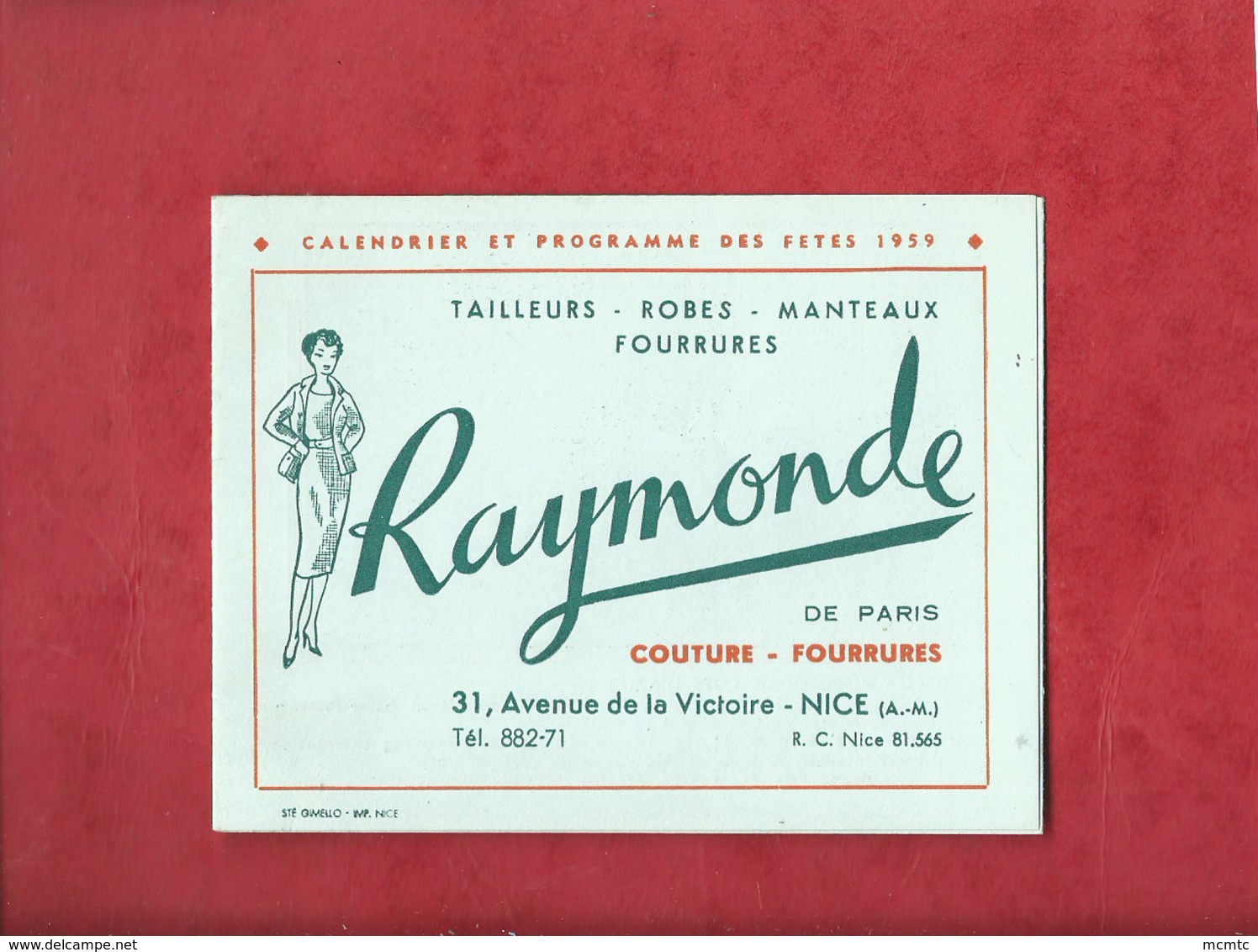 Petit Calendrier 1959  Raymonde  Couture Fourrures  - Nice  ( A.-M.) - Small : 1941-60