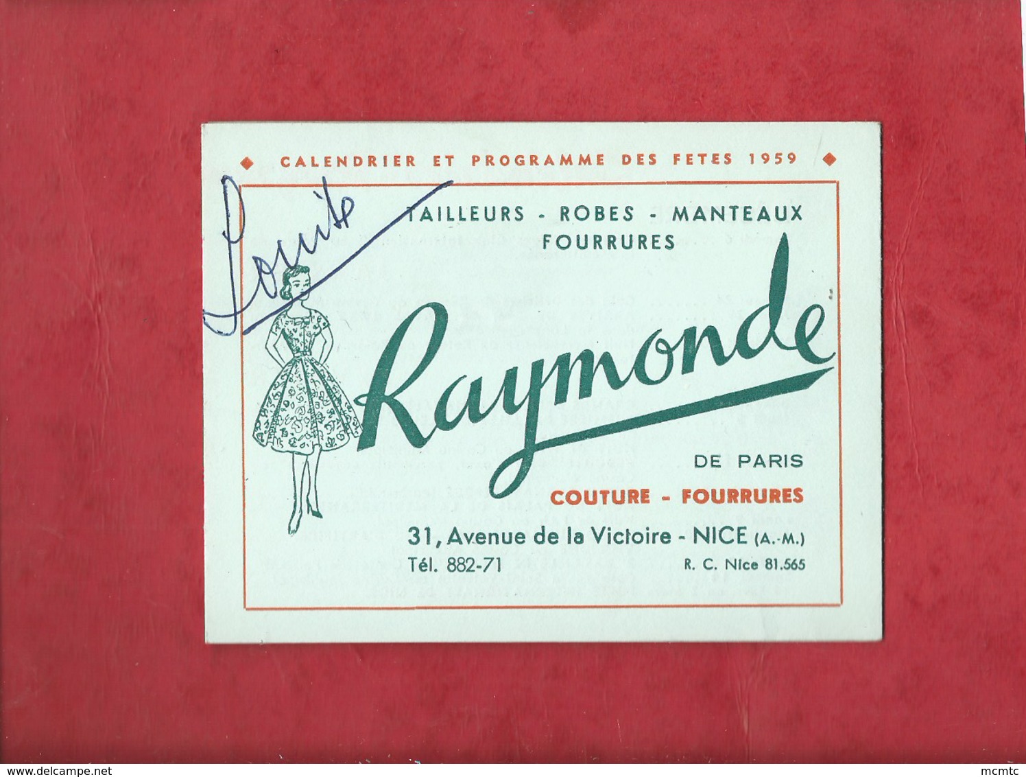 Petit Calendrier 1959  Raymonde  Couture Fourrures  - Nice  ( A.-M.) - Petit Format : 1941-60