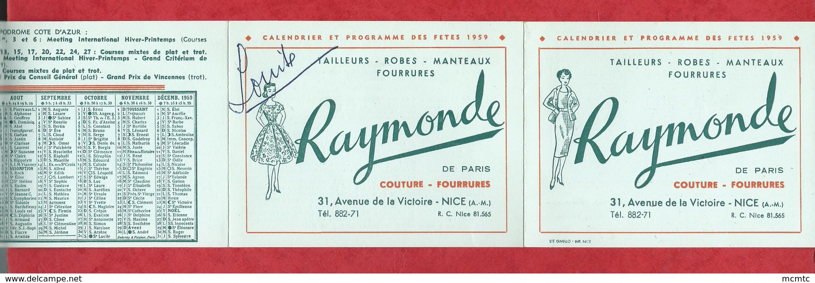 Petit Calendrier 1959  Raymonde  Couture Fourrures  - Nice  ( A.-M.) - Small : 1941-60