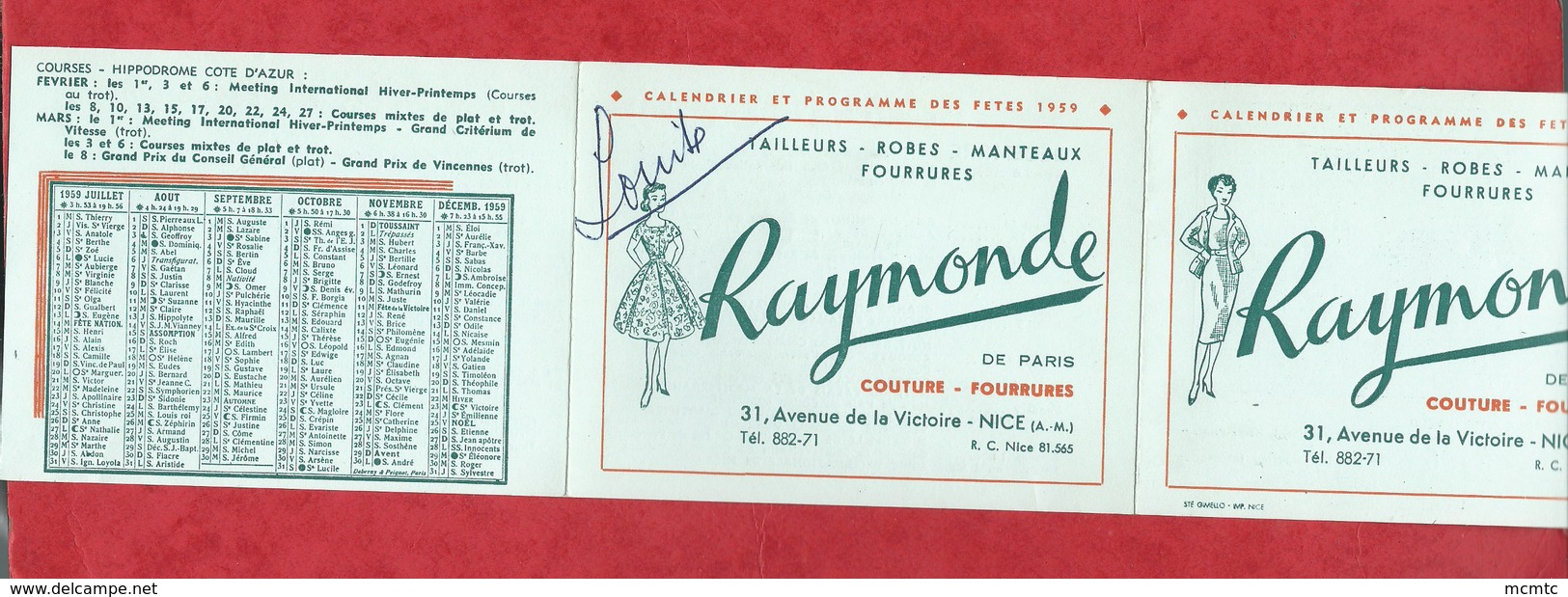 Petit Calendrier 1959  Raymonde  Couture Fourrures  - Nice  ( A.-M.) - Kleinformat : 1941-60