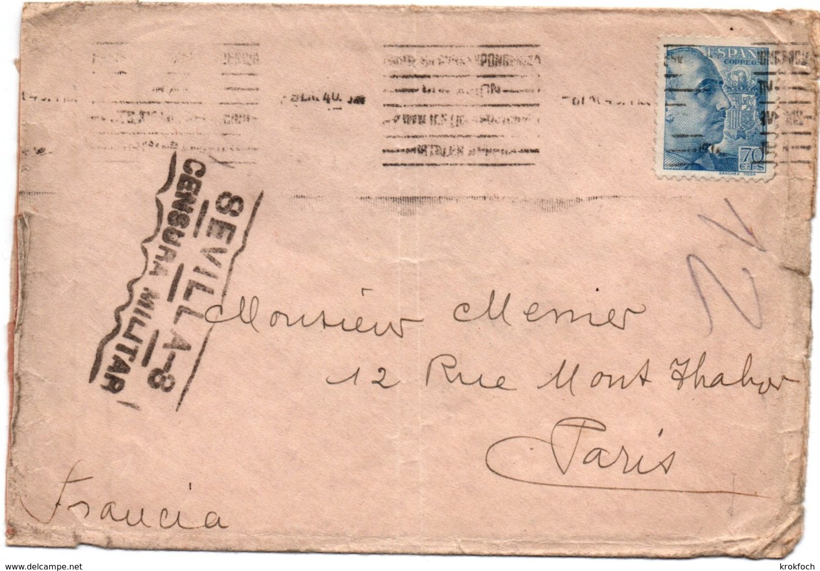 Sevilla S - Censura Militar 1940 - Lettre Pour Paris - Marques De Censures Nationalistes