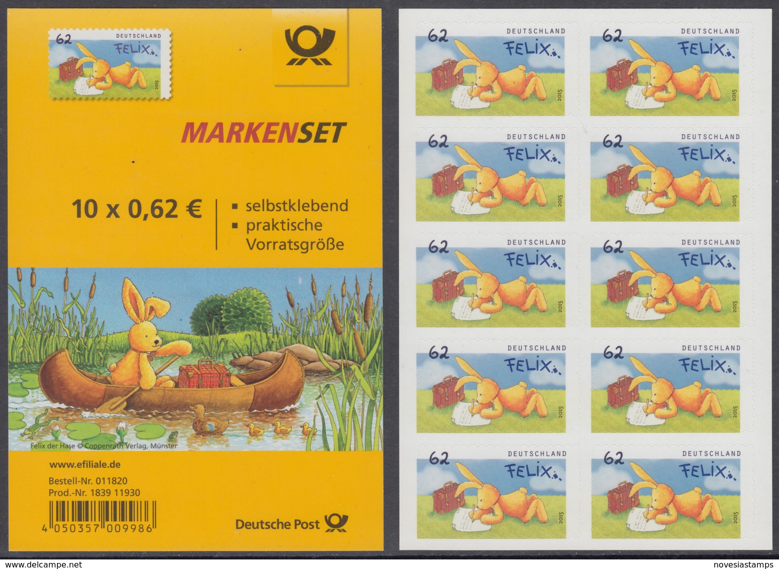 !a! GERMANY 2015 Mi. 3142 MNH BOOKLET(10) (self-adhesive) -Felix, The Bunny - 2011-2020