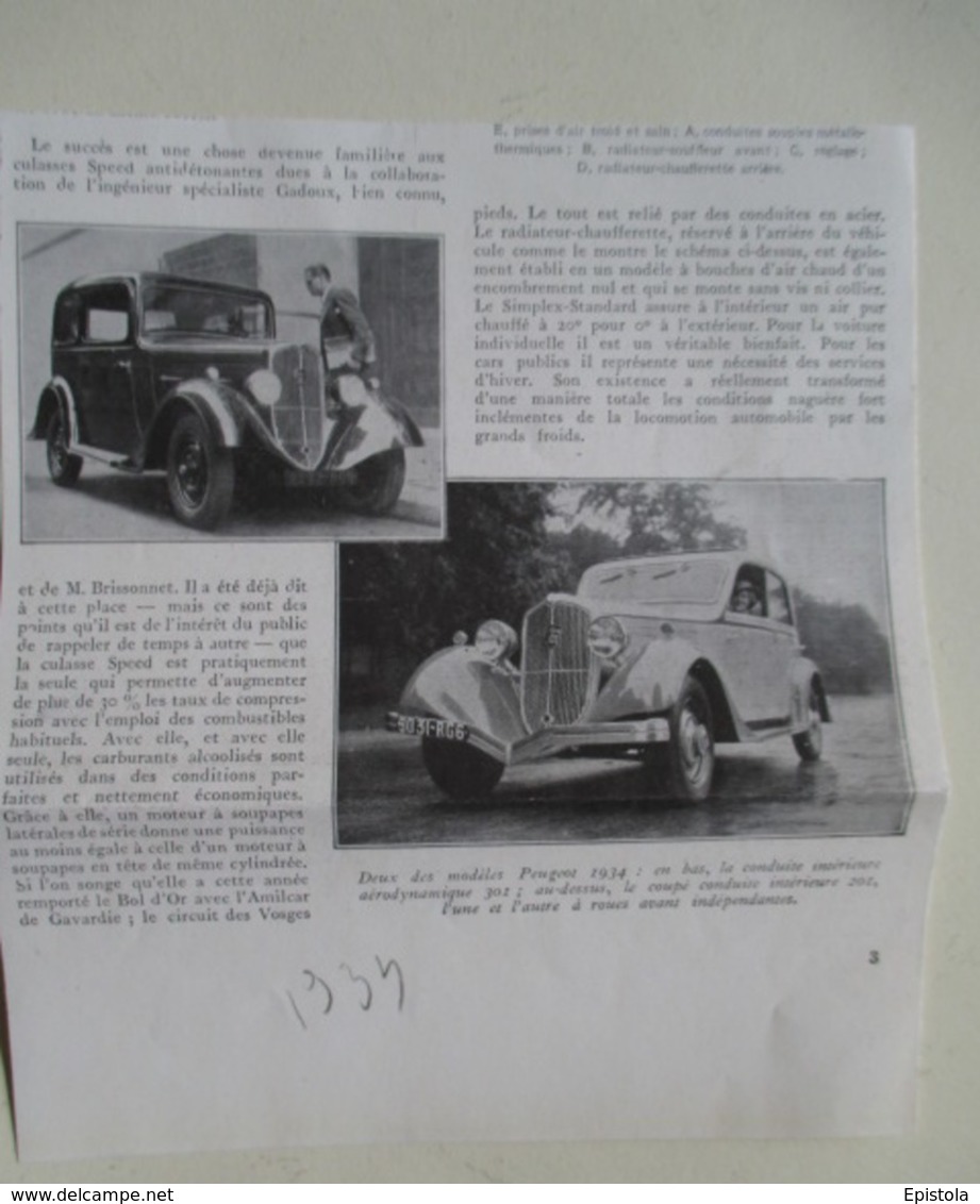 Voiture  Peugeot 301    - Coupure De Presse De 1935 - Voitures