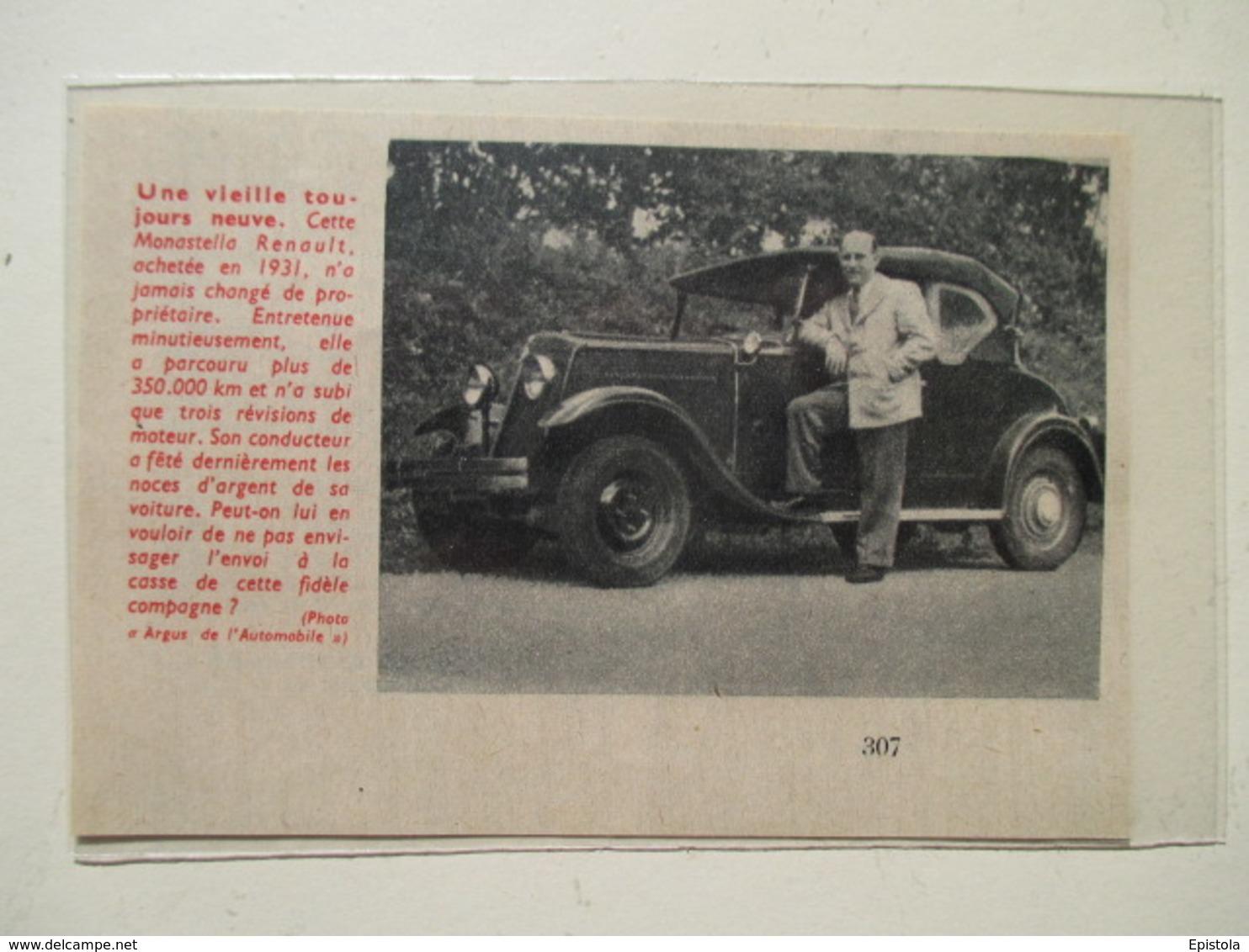 Voiture Renault Monastella 1931 -  Coupure De Presse   De 1956 - Voitures
