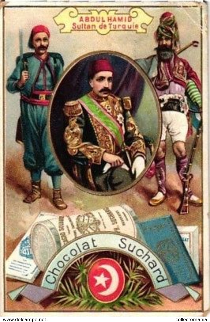 4 Chromos Litho Cards Chocolate SUCHARD Set 48C C1895 Rulers Of Europe Dynasty VG Turkey Abdul Hamid, Franz Jozef - Suchard