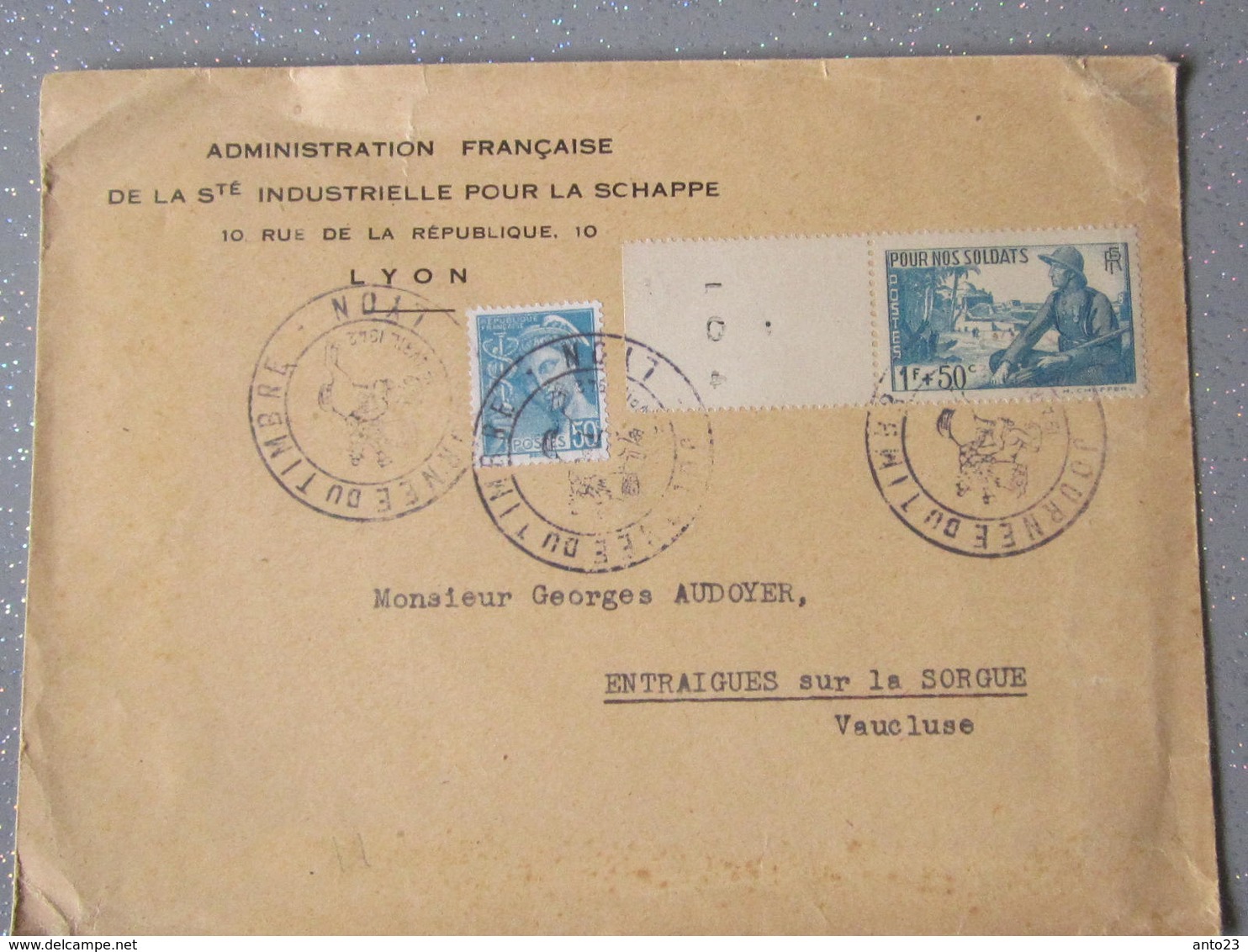 Lettre Avec Cachet Journée Du Timbre 1942 Affranchissement 1f+50 C Pour Nos Soldat Admi Francaise De La Ste Indu - 1921-1960: Période Moderne