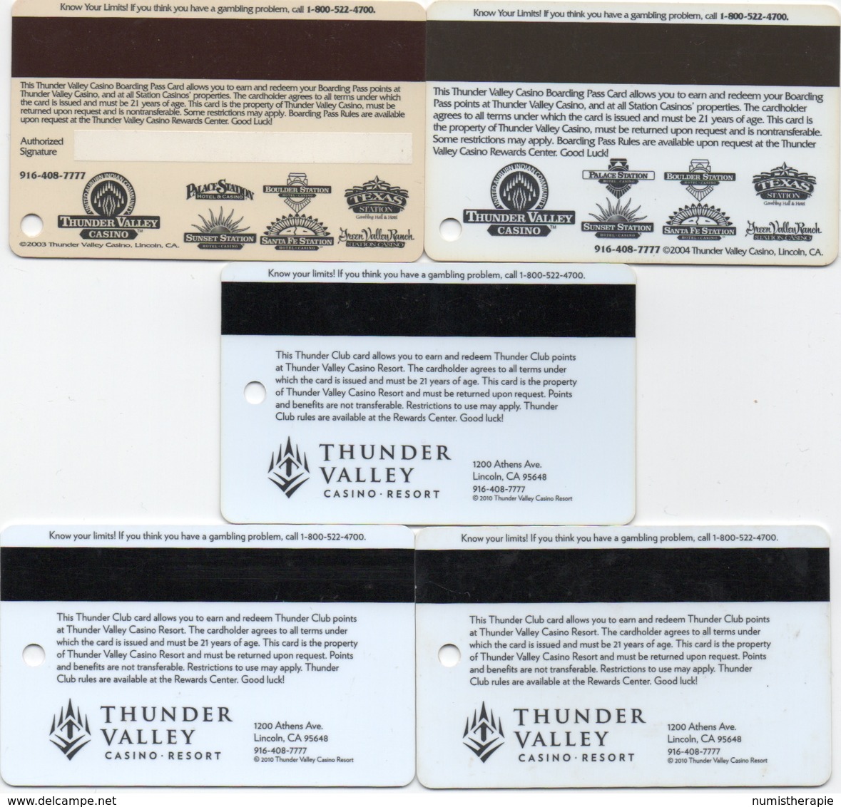 Lot De 5 Cartes : Thunder Valley Casino : Lincoln CA - Cartes De Casino