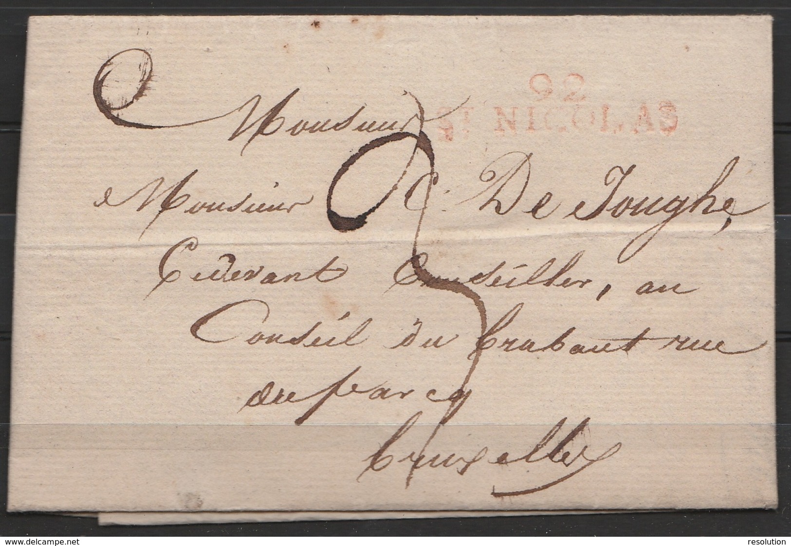 L. Datée 1813 De St-NIKLAAS Pour BRUXELLES - Griffe Rouge "92/St-NICOLAS" - Port "3" - 1794-1814 (Période Française)