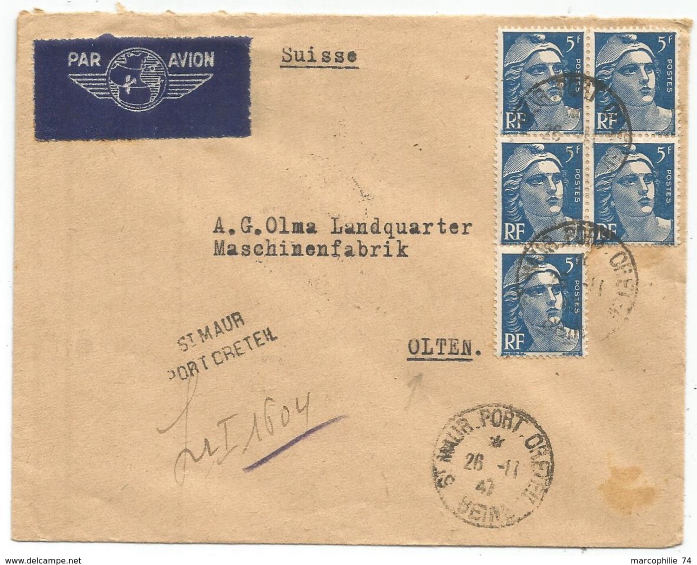 GANDON 5FR BLEU BLOC DE 5 LETTRE REC PROVISOIRE AVION ST MAUR PORT CRETEIL 26.11.1947 POUR SUISSE AU TARIF - 1945-54 Marianne De Gandon