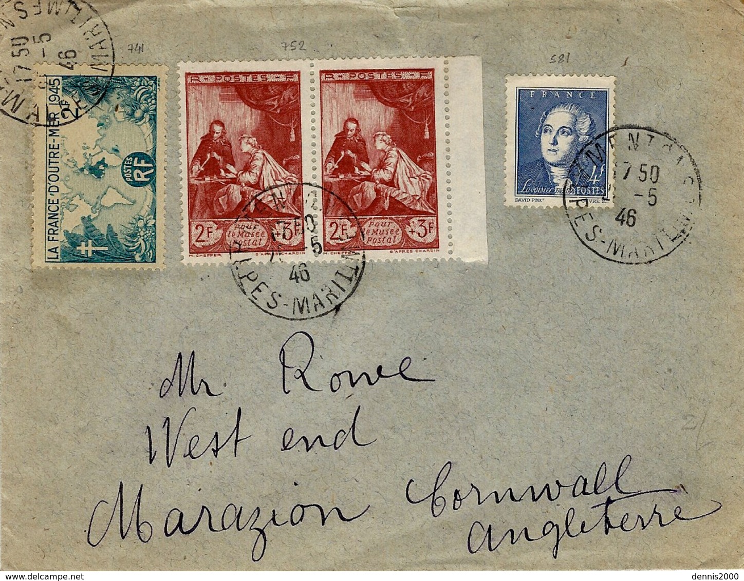 1946- Enveloppe De Menton ( A. Mar ) Affr. à 10 F. Pour L'Angleterre Dont Paire N° 753 - 1921-1960: Période Moderne