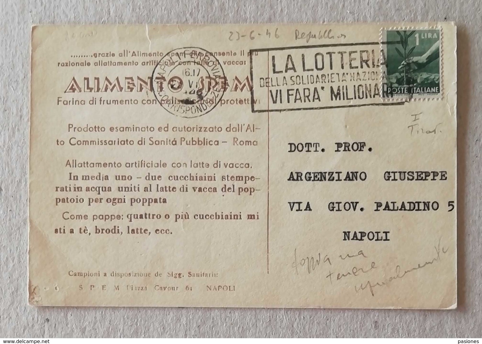 Cartolina Postale Pubblicitaria "Alimento Spem" Napoli Per Città - 23/06/1946 - 1946-60: Storia Postale
