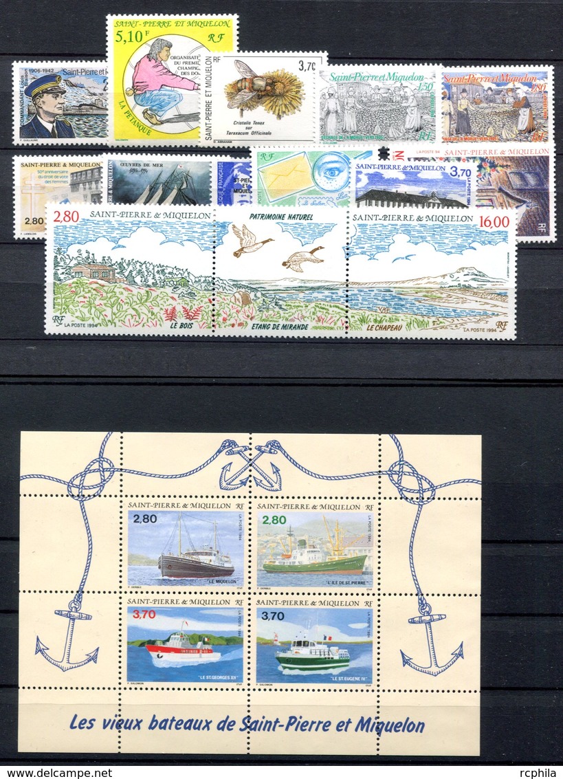 RC 16402 ST PIERRE ET MIQUELON COTE 39,90€ - 1994 ANNÉE COMPLETE SOIT 17 TIMBRES N° 592 / 608 NEUF ** MNH TB - Neufs