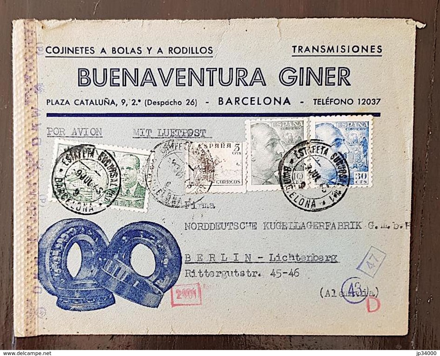 ESPAGNE, Lettre A Entete  CENSURE Par Avion Pour ALLEMAGNE. Cachet ESTAFETA  SUCURSAL Barcelona 1943 - Marcas De Censura Nacional