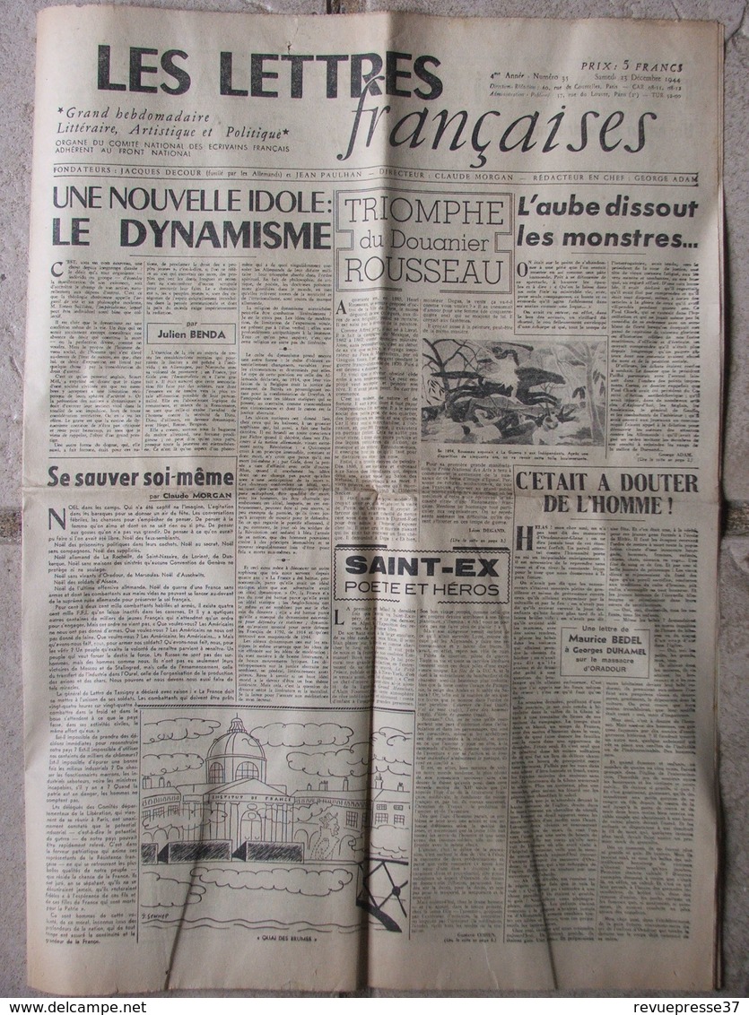 Journal Les Lettres Françaises N°35 (23 Déc 1944) Le Dynamisme - Douanier Rousseau - Saint Exupéry - M Bedel - Andere & Zonder Classificatie