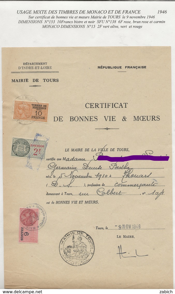 TIMBRES FISCAUX DE FRANCE  USAGE MIXTE FRANCE/MONACO  1946 - Revenue
