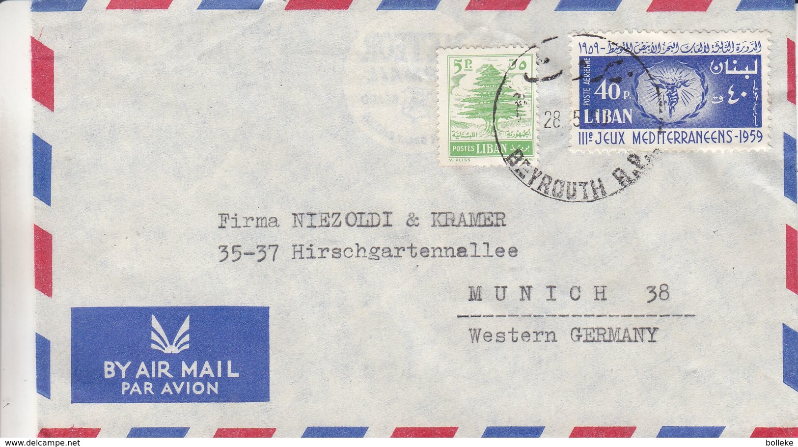 Liban - Lettre De 1959 - Oblit Beyrouth - Exp Vers Munich - Arbres - Jeux Mediterraneens - Liban