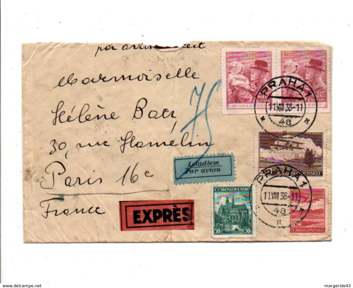 TCHECOSLOVAQUIE AFFRANCHISSEMENT COMPOSE SUR LETTRE EXPRES RECOMMANDEE DE PRAGUE POUR LA FRANCE 1938 - Covers & Documents