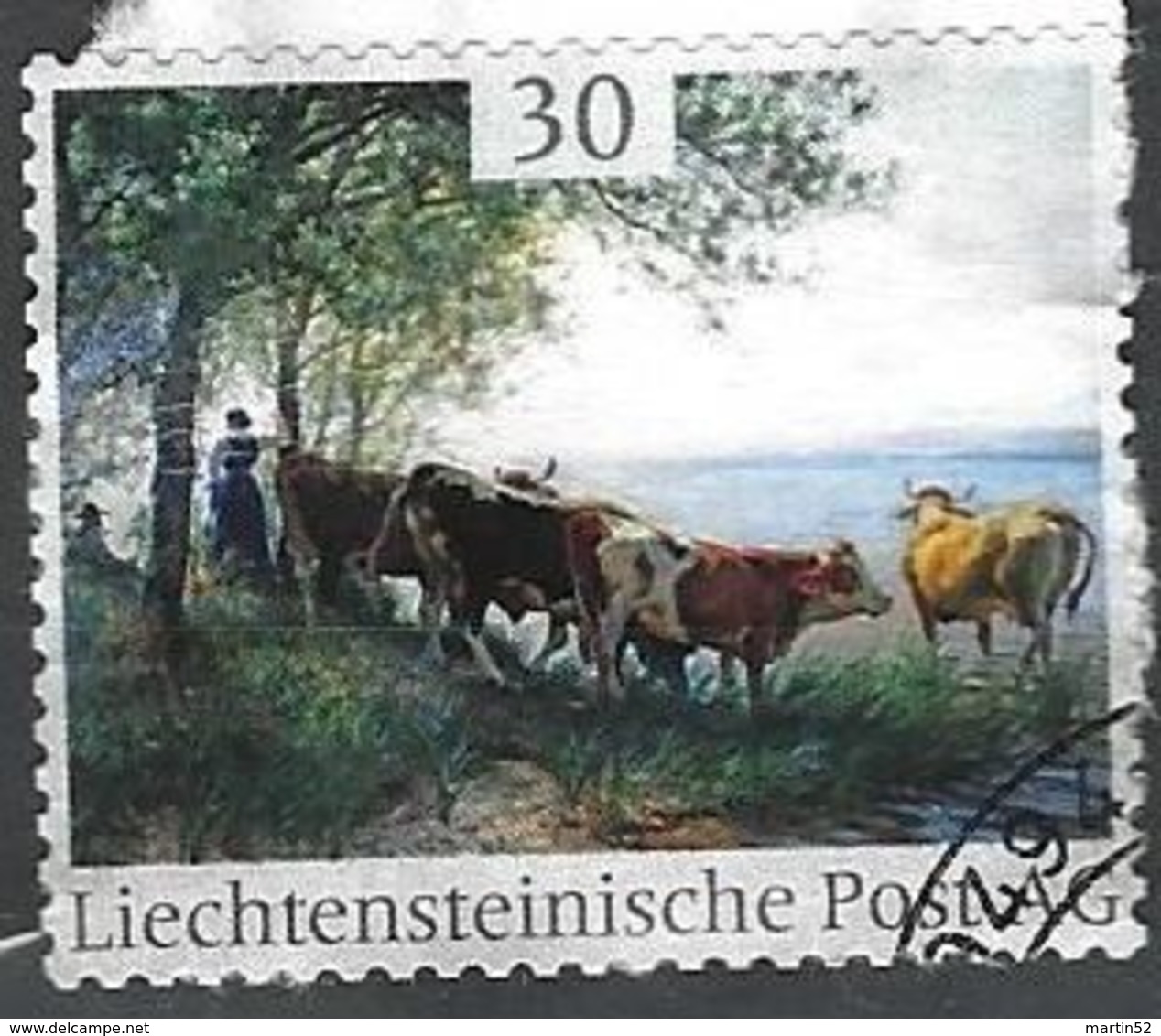 Liechtenstein: "Kuhherde Mit Hirtin Am Wasser" (Rudolf Koller??) Mit Eck-o SCHAAN (Die Marke.Li) SELTEN / RARE - Variétés