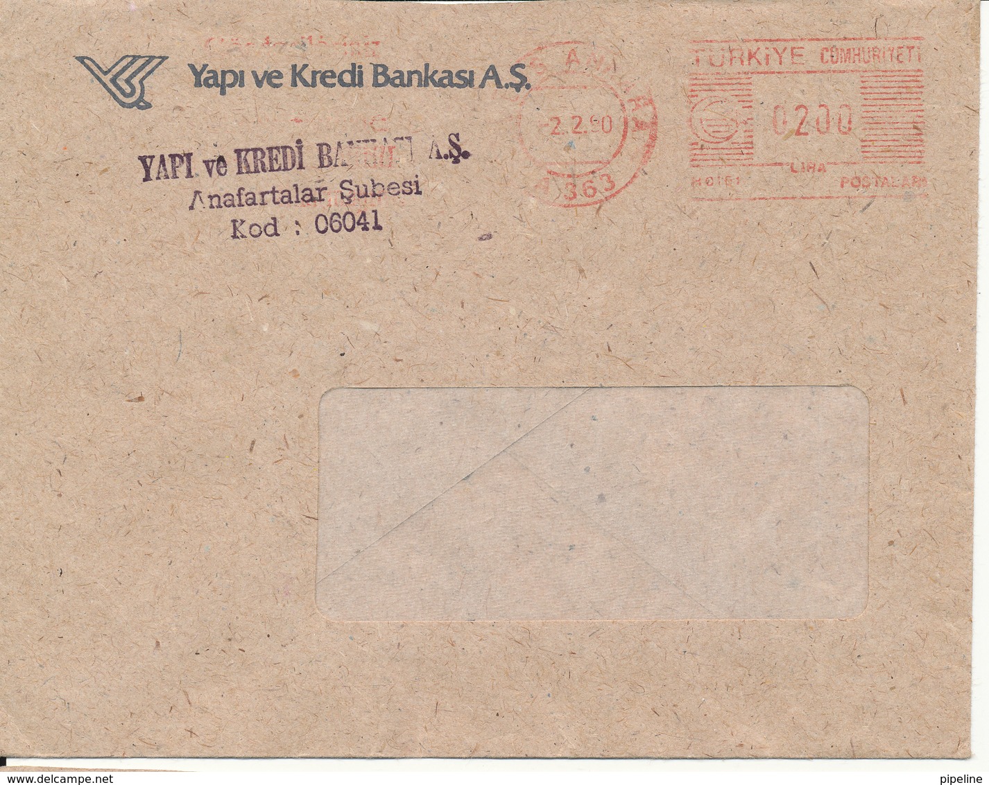 Turkey Bank Cover With Meter Cancel Ulus Ankara 2-2-1990 Yapi Ve Kredi Bankasi A.S.) - Lettres & Documents