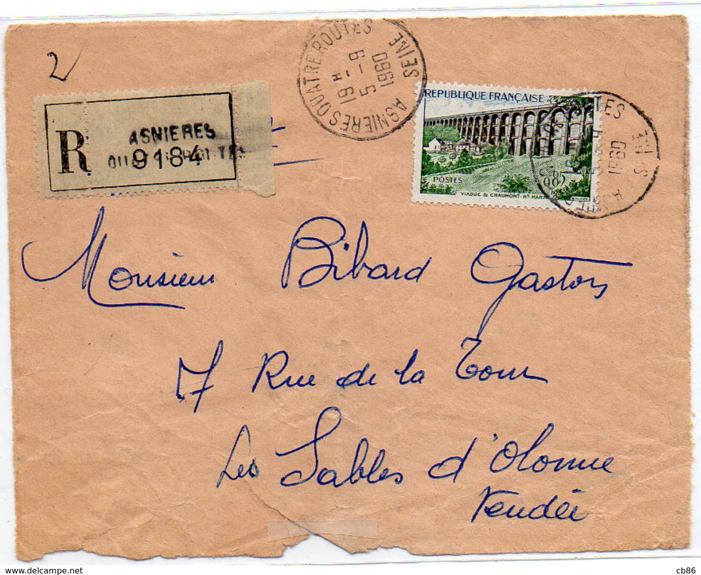 France Hts De Seine Asnières Quatre Routes Cachet A7 Sur Devant Lettre En Rec Du 05/09/1960 Sur N° 1240 Y. Et T. - Cachets Manuels