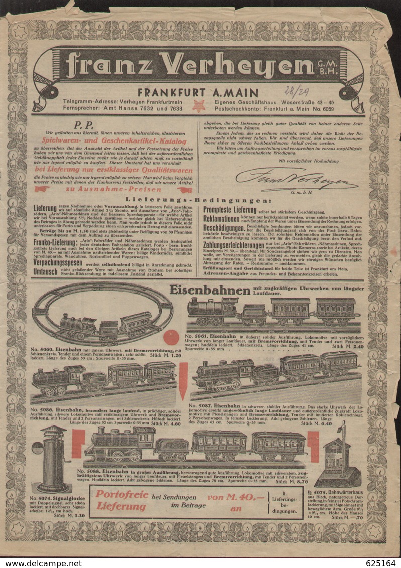 Anciennes Pages De Publicité (1928-1929) Franz Verheyen GMBH Frankfurt A.M. Spielwren - Allemand