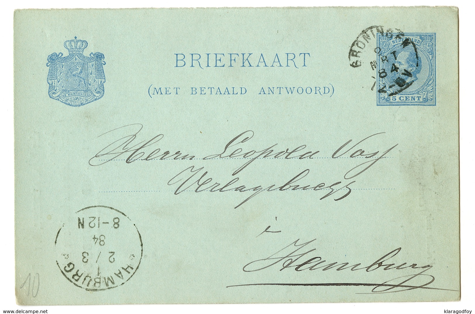 P. Noordhoff, Groningen Company Preprinted Postal Stationery Postcard Posted 1884 B200401 - Cartas & Documentos