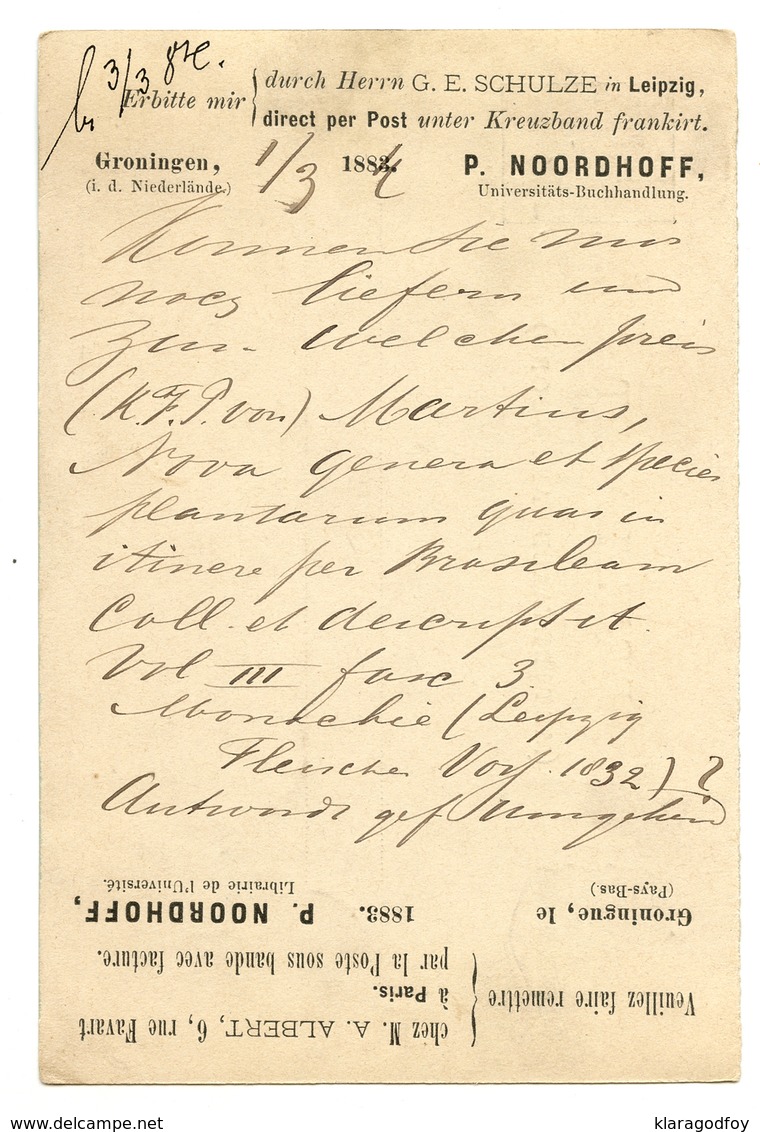 P. Noordhoff, Groningen Company Preprinted Postal Stationery Postcard Posted 1884 B200401 - Cartas & Documentos