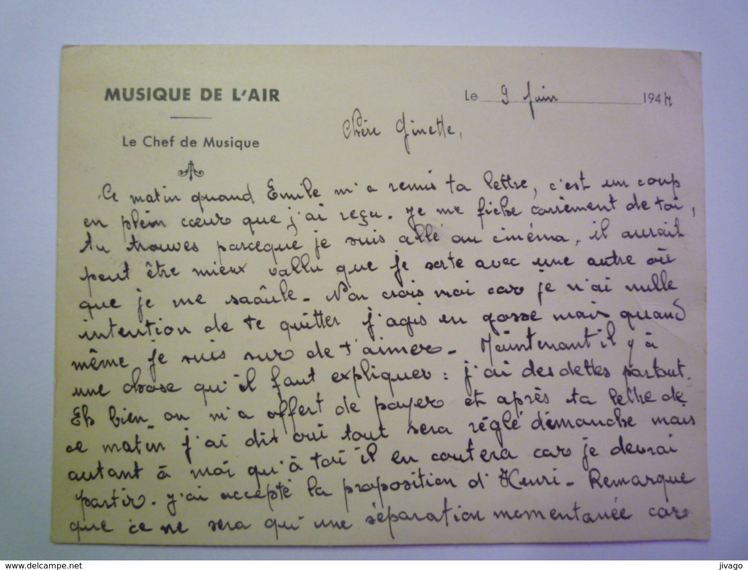 2020 - 4857  MUSIQUE De L'AIR  -  Le Chef De MUSIQUE  (Carte-lettre Du 9 Juin 1944)   XXX - Zonder Classificatie