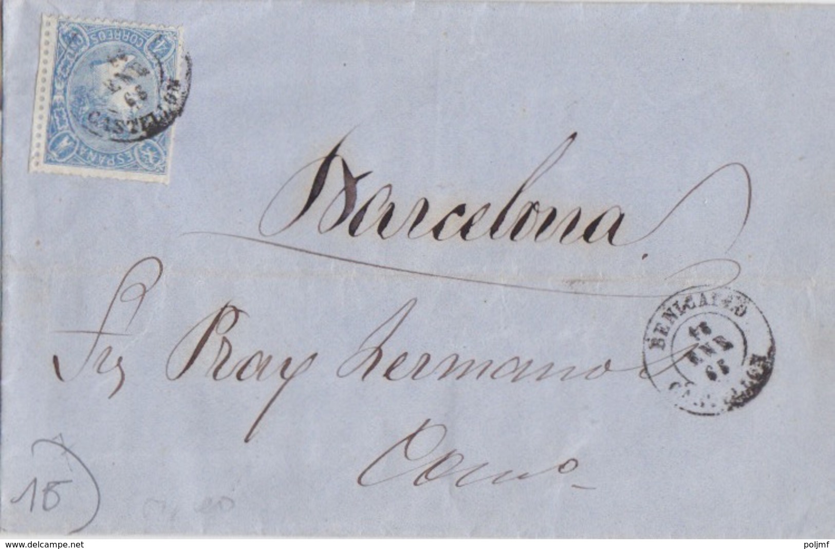 Lettre De Benicarlo Pour Barcelone Obl. Benicarlo Castellon Le 16 Janv 1865 Sur 4r Bleu (Isabelle II) N°73 - Lettres & Documents