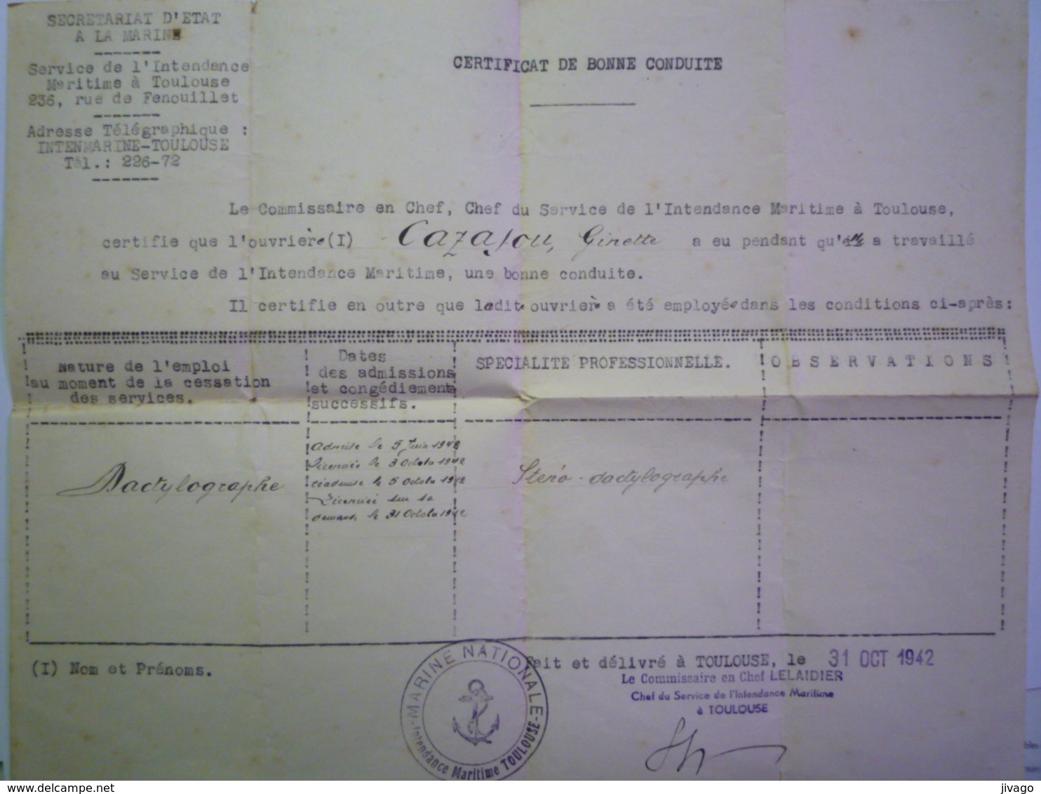 2020 - 4859  Secrétariat D'Etat à La Marine :  Certificat De Bonne Conduite  TOULOUSE  1942   XXX - Zonder Classificatie