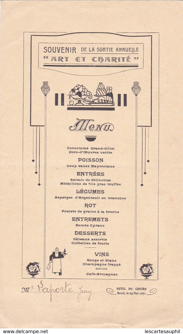 Ancien Menu Style Art Déco Hotel Du Centre Art Et Charité Revel Haute Garonne 1931 - Menus