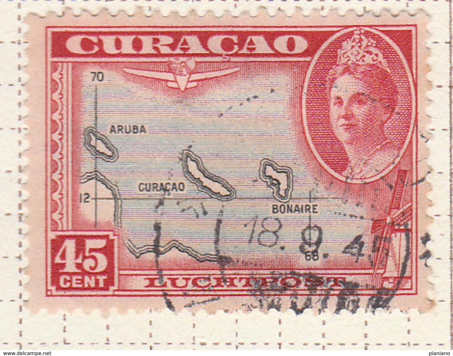 PIA - CURAçAO - 1943 -Francobollo Di Posta Aerea - Carta Della Isole : Aruba, Bonaire E Curaçao - (Yv  P.A. 32) - Antille