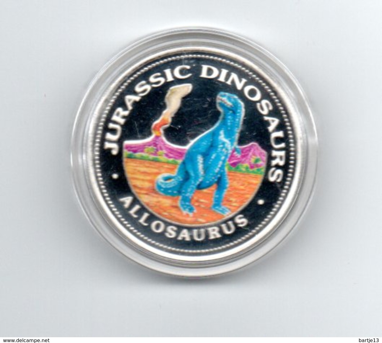 GUINEE REP. EQUATORIAAL 7000 FRANC 1993 ZILVER PROOF COLOURED JURASSIC PARK ALLOSAURUS DAMAGE ONLY ON CAPSEL - Guinea