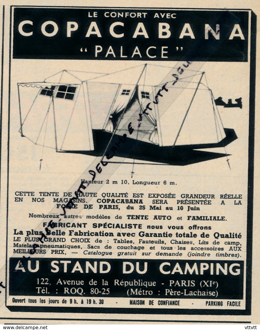 Ancienne Publicité (1957) : COPACABANA, Matériel De Camping, Tente "Palace" - Publicités