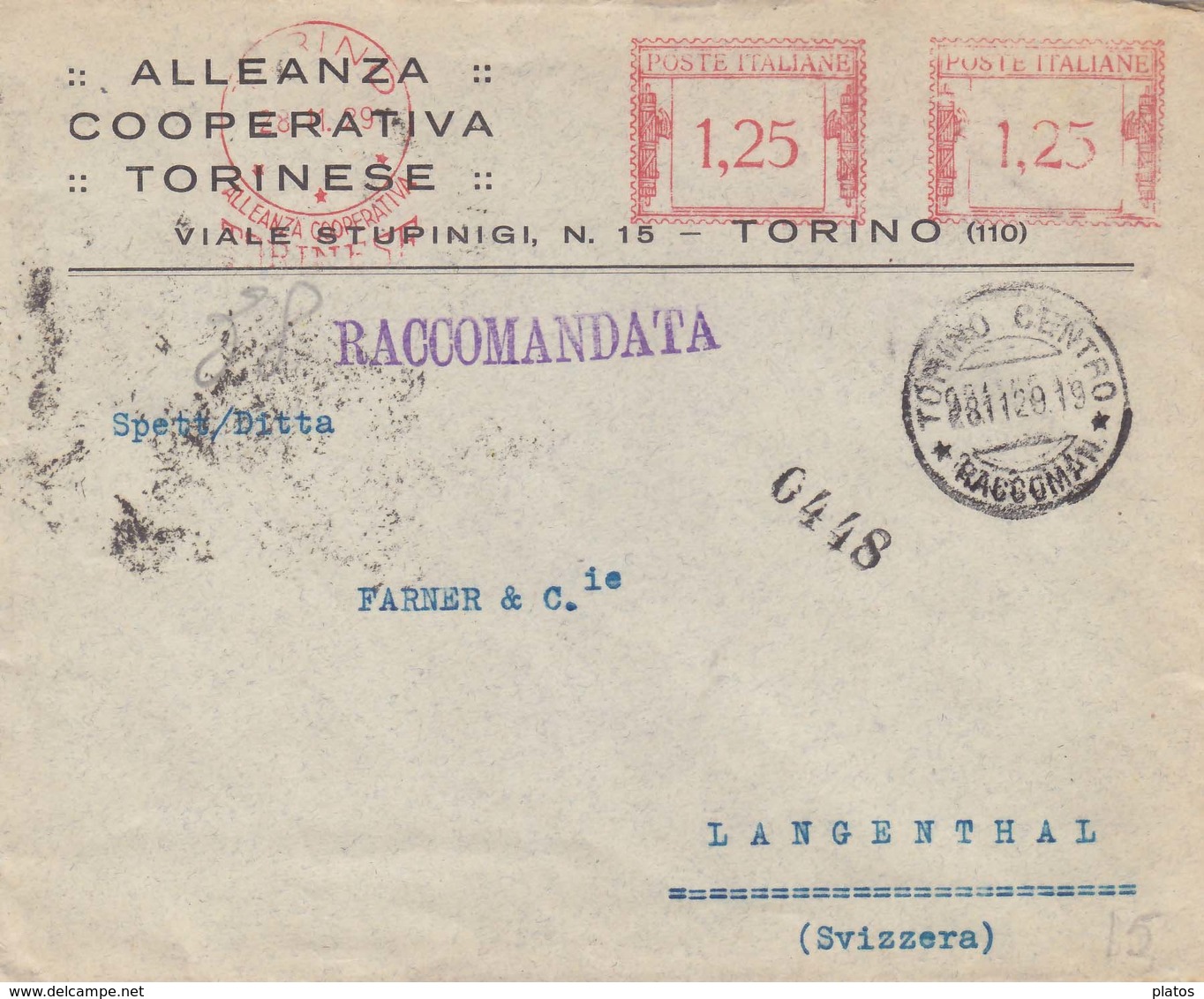 Alleanza Coperativa Torinese Raccomandata Rossa L. 1,25 + L. 1,25 Per La Svizzera - Marcophilia