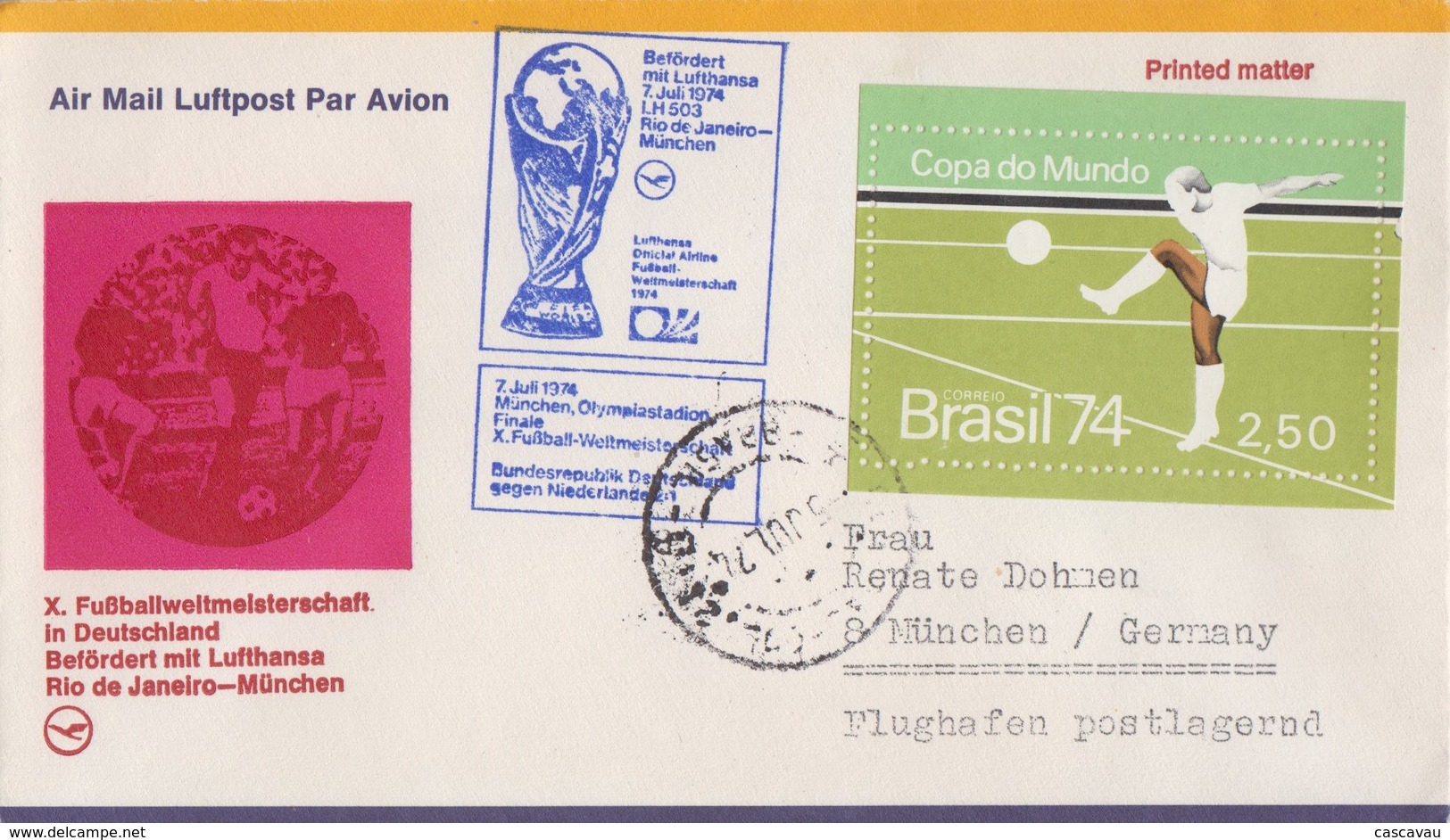 Enveloppe  BRESIL   Bloc  Feuillet   Coupe  Du   Monde  De  Football   MUNICH   1974 - 1974 – West Germany