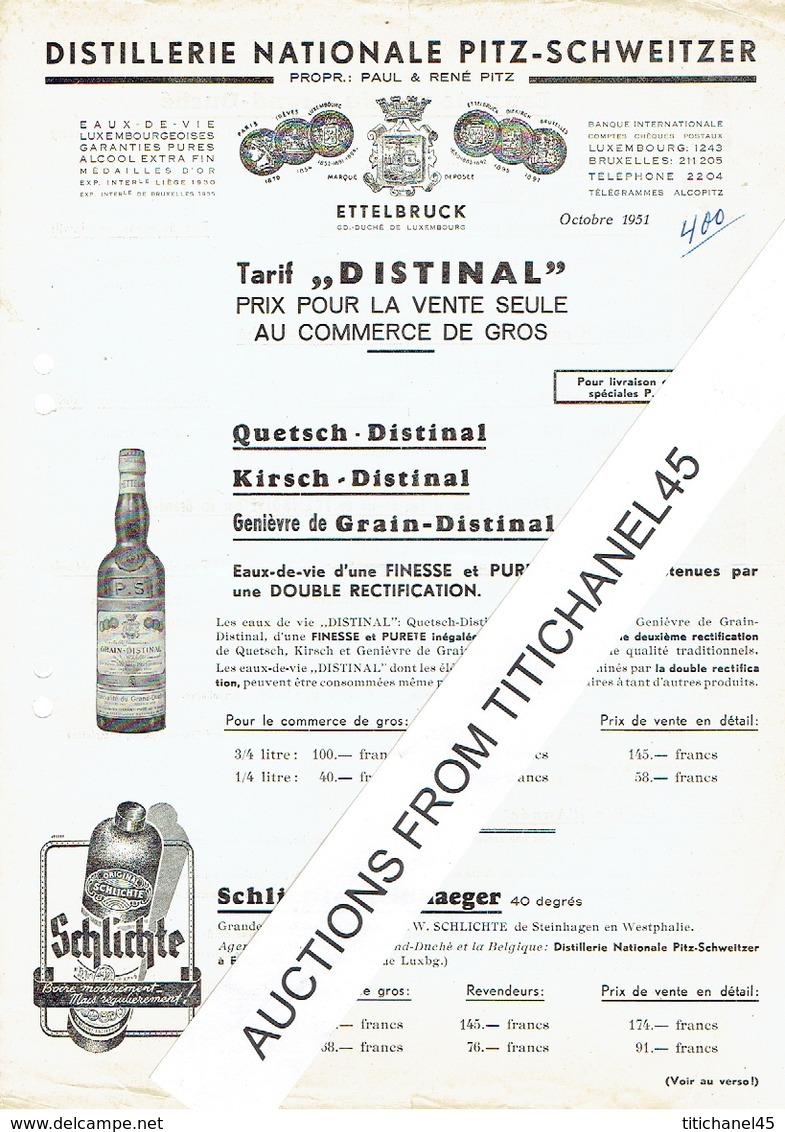 Tarif  Illustré 1951 De La DISTILLERIE NATIONALE PITZ-SCHWEITZER à ETTELBRUCK : Grain-Distinal, Schlichte Steinhaeger... - Luxembourg