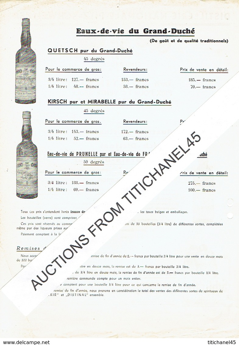 Tarif  Illustré 1951 De La DISTILLERIE NATIONALE PITZ-SCHWEITZER à ETTELBRUCK : Grain-Distinal, Schlichte Steinhaeger... - Luxembourg