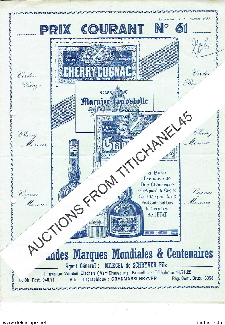 Tarif  Illustré 1952 Marcel De SCHRYVER Fils à BRUXELLES - Grand Marnier : Cognac, Cherry, Cordon Rouge, Cordon Jaune... - Advertising