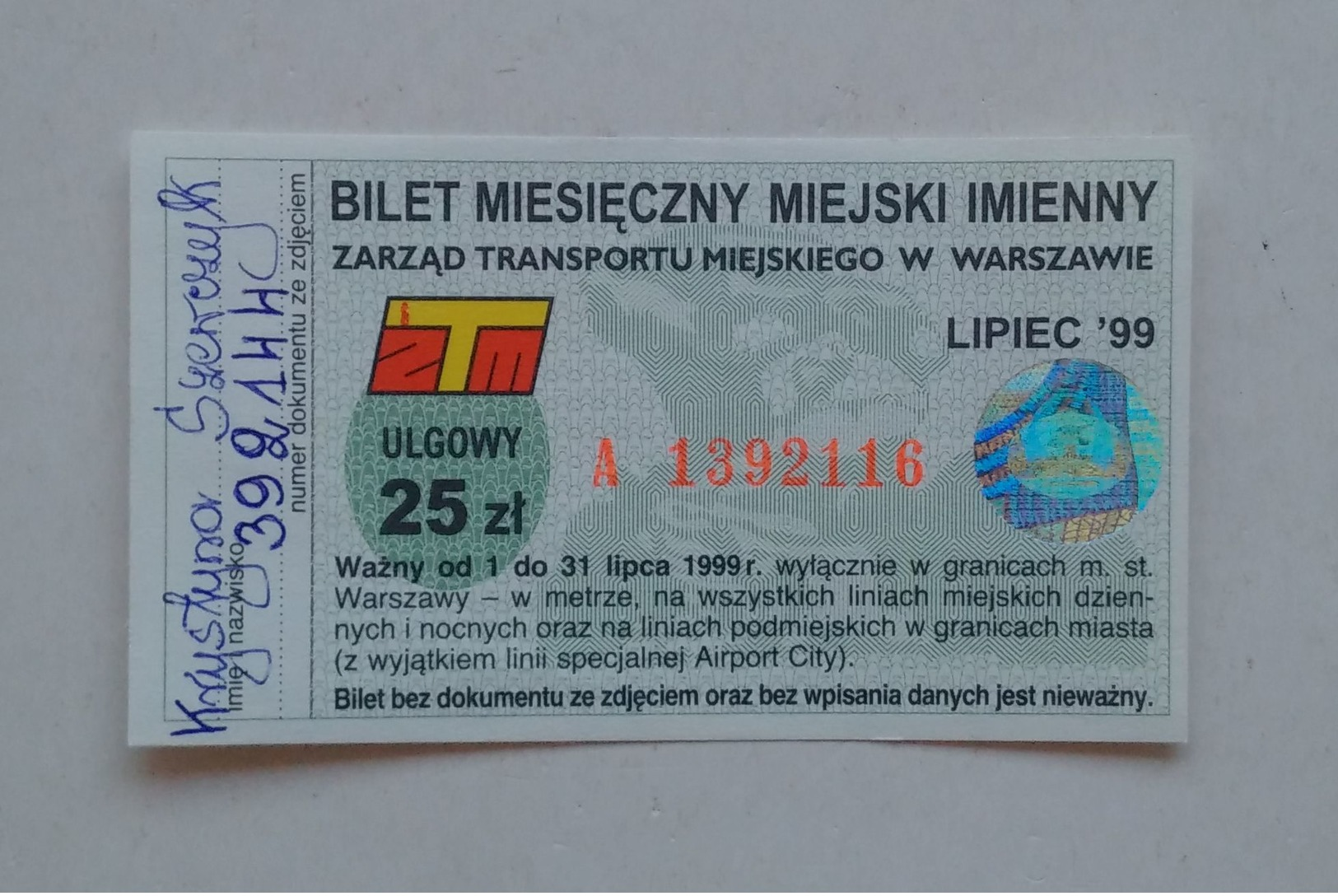 Poland Pologne Warsaw Varsovie ZTM Public Transport Monthly Ticket Billet Mensuel 7/1999 - Europe