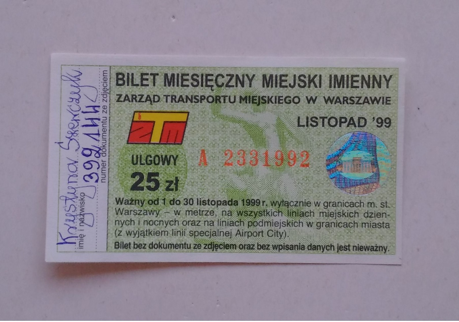 Poland Pologne Warsaw Varsovie ZTM Public Transport Monthly Ticket Billet Mensuel 11/1999 - Europa