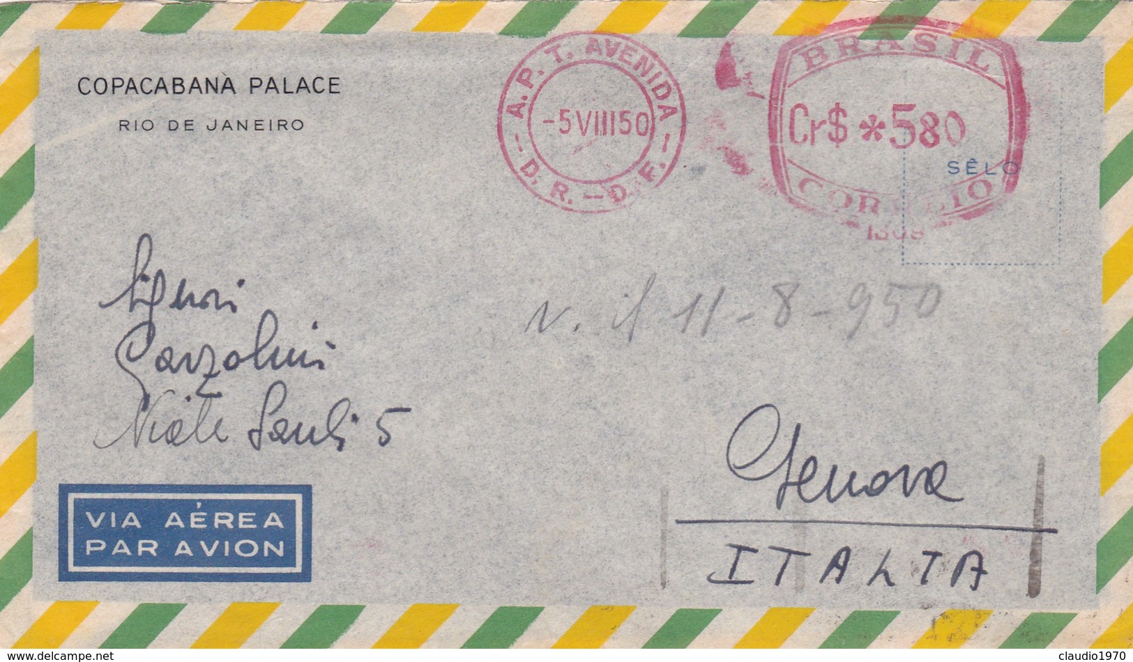 BRASILE- BUSTA VIAGGIATA BY AIR MAIL -  RIO DE JANEIRO - APARTAMENTOS - COPACABANA PALACE- VIAGGIATA PER GENOVA - ITALY - Franking Labels