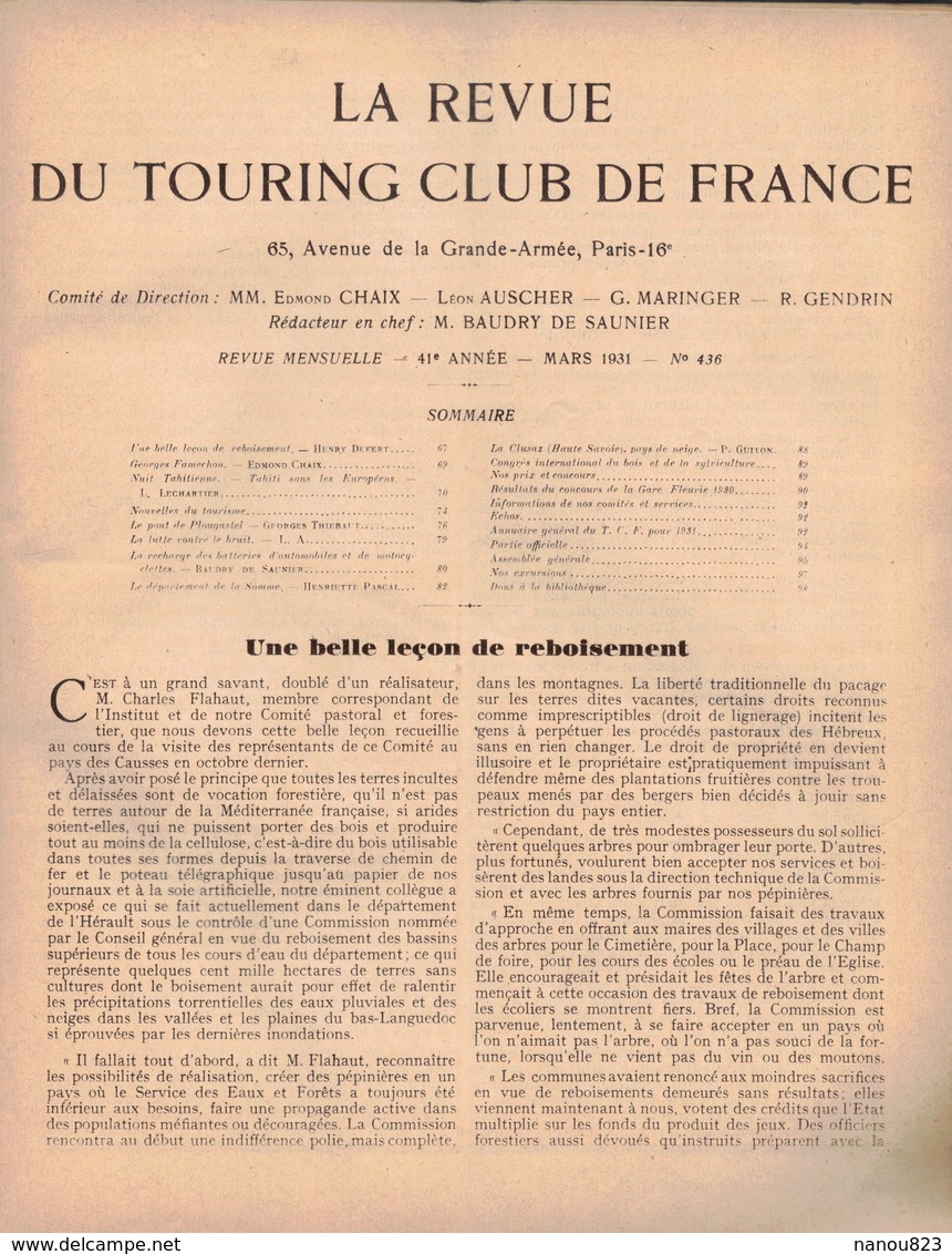 LA REVUE DU TOURING CLUB DE FRANCE 436 1931 MOOREA TIPAERUI HITIA ANAHA PLOUGASTEL RAMBURES AULT ABBEVILLE CLUSAZ AUFFAY - 1901-1940